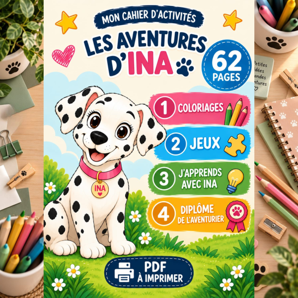 Cahier d'activités éducatif pour enfant à imprimer - Les aventures d'Ina (62 pages PDF)